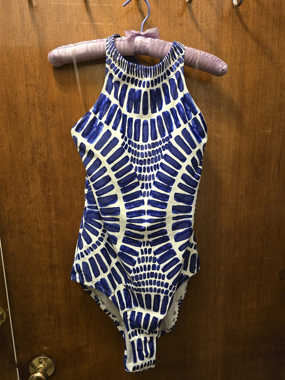 Trina Turk Blue and White High-Neck One-Piece Swimsuit